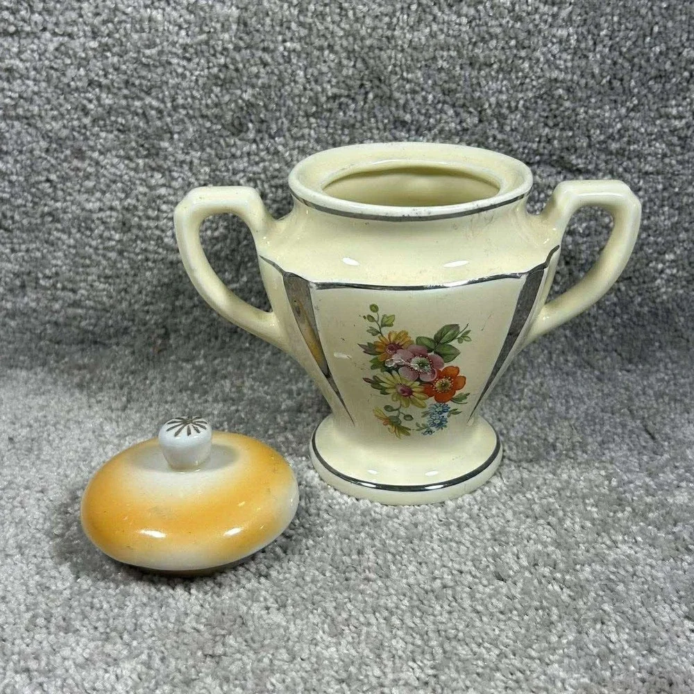 Sugar Bowl Cream Floral Silver Trim Vintage Double Handle Lid Small‎